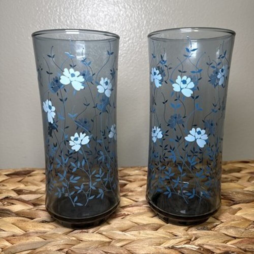 Vintage Libbey Tawny Blue Floral Tumblers Set of 2 Tall Glasses 6.5” Retro MCM